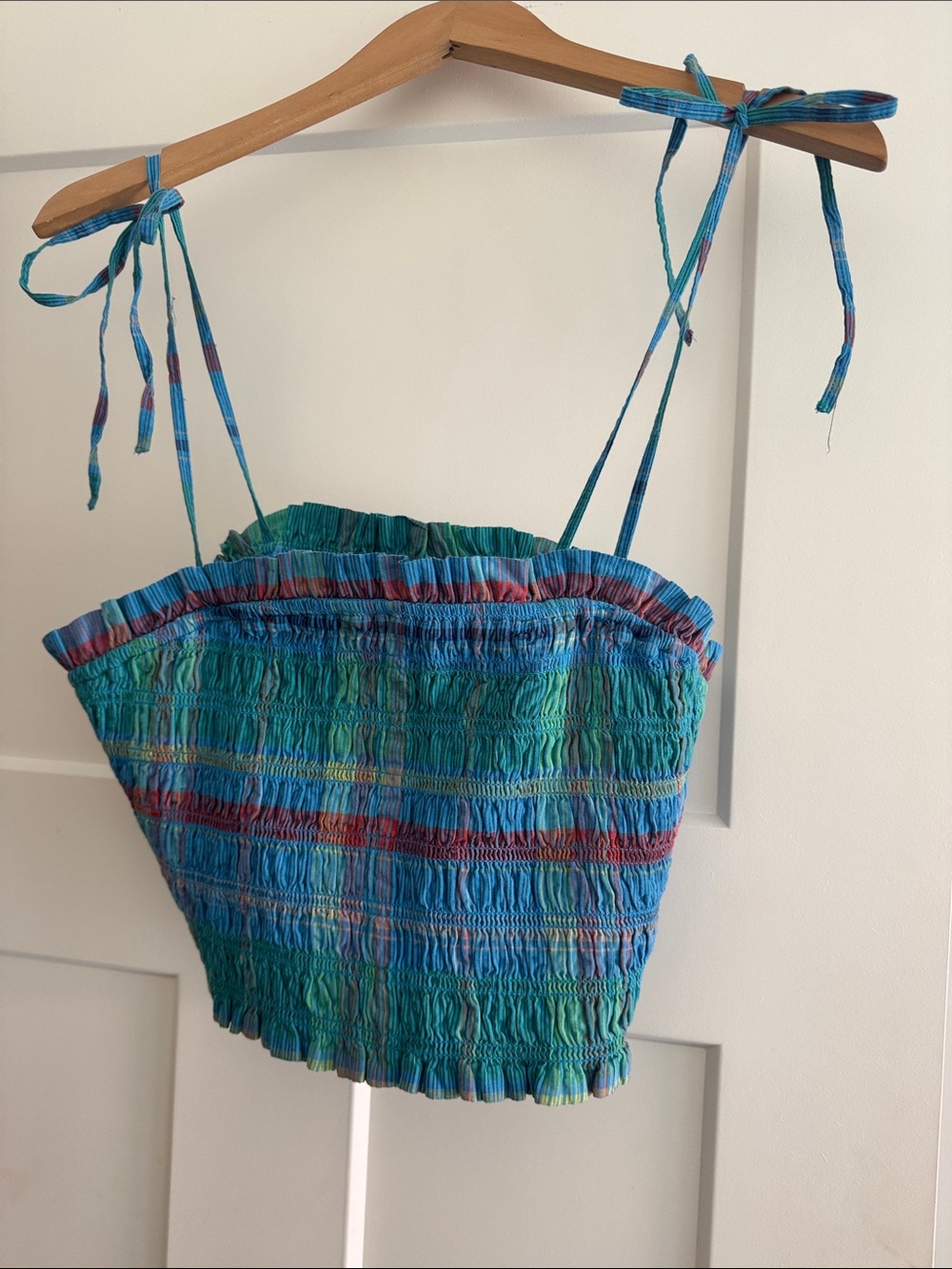 Tie-Shoulder Smocked Camisole in Blue-Green Stripe